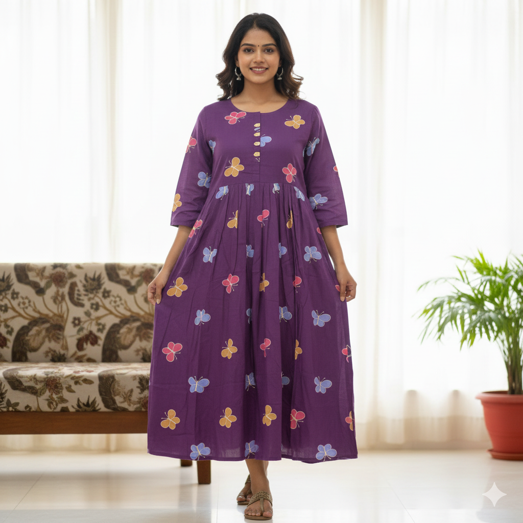 Purple Multicolor Floral Printed A-Line Flared Kurti