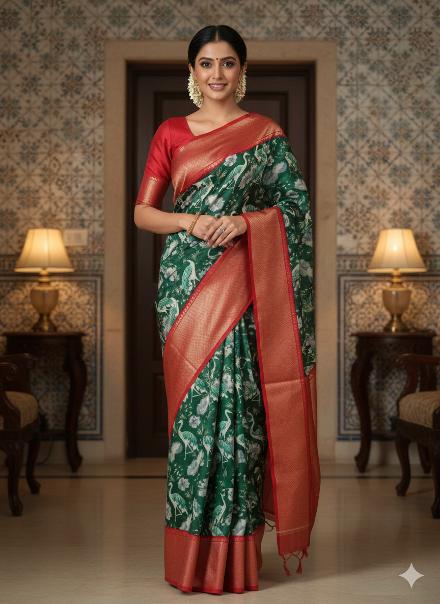 Women\'s Traditional Printed Silk Saree with Contrast Blouse