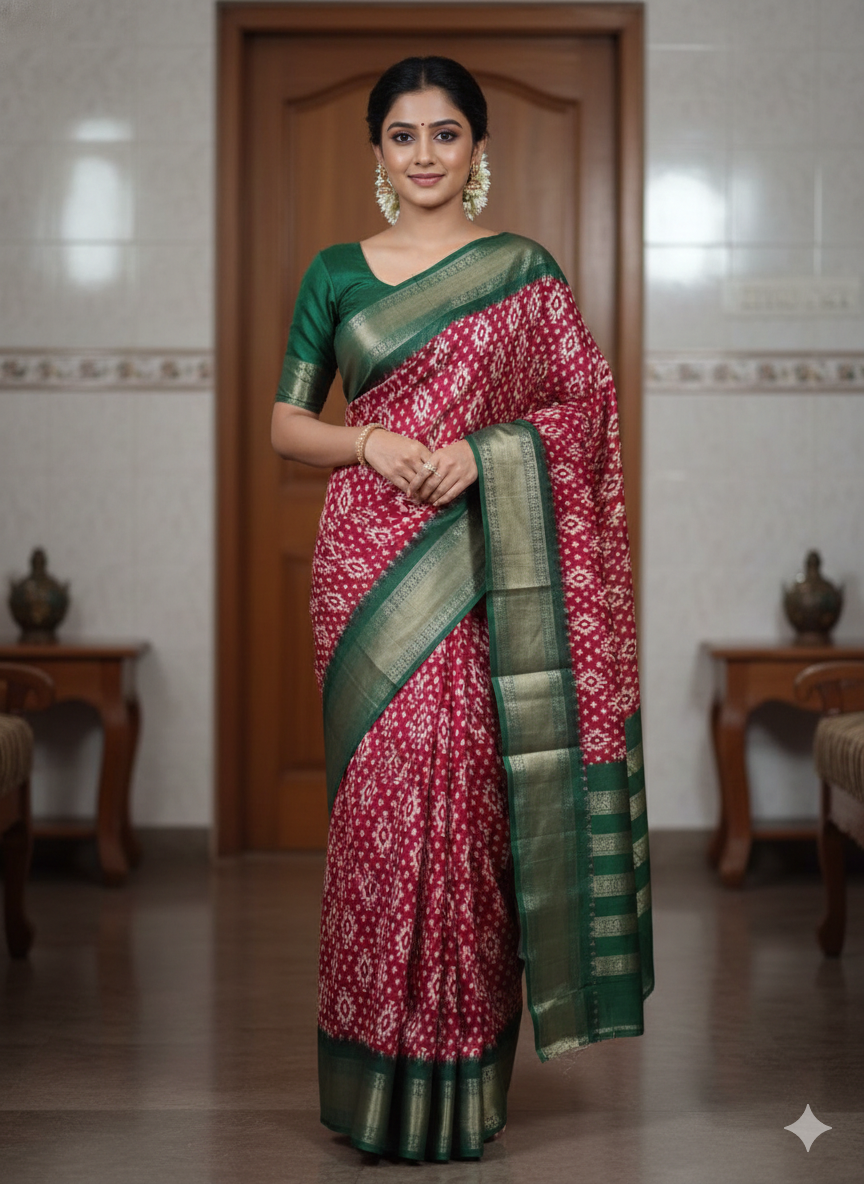 Red Ikat Woven Saree with Green & Gold Zari Border