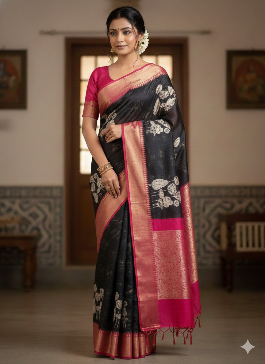 Black Zari Woven Silk Blend Saree with Pink Contrast Border