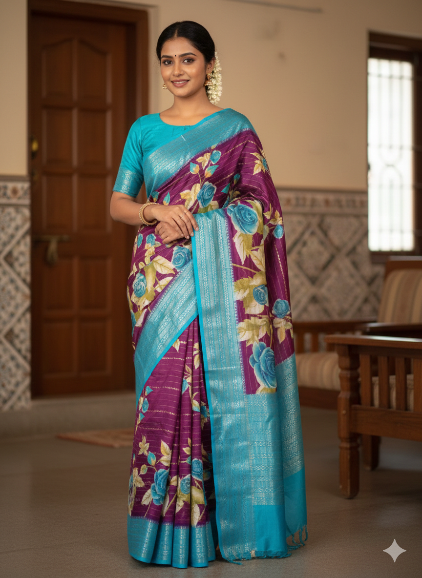 Purple Floral Printed Saree with Turquoise Blue Contrast Border & Pallu