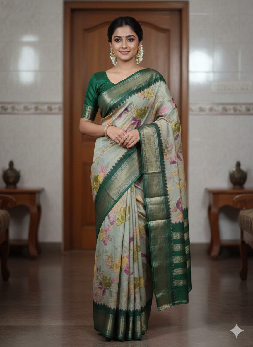 Pastel Green Floral Printed Saree with Dark Green Zari Border
