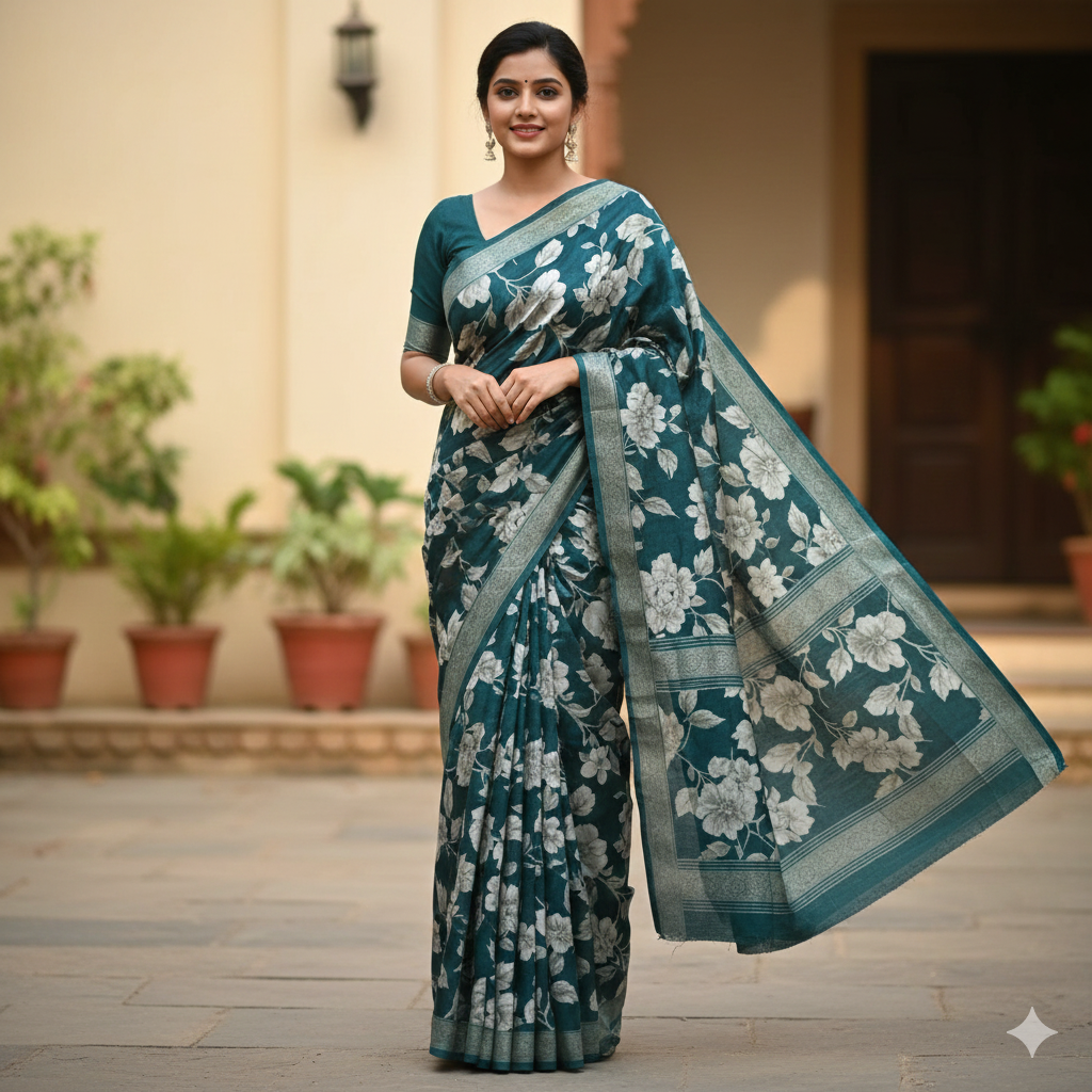 Women’s Teal Green Floral Printed Saree with Blouse Piece