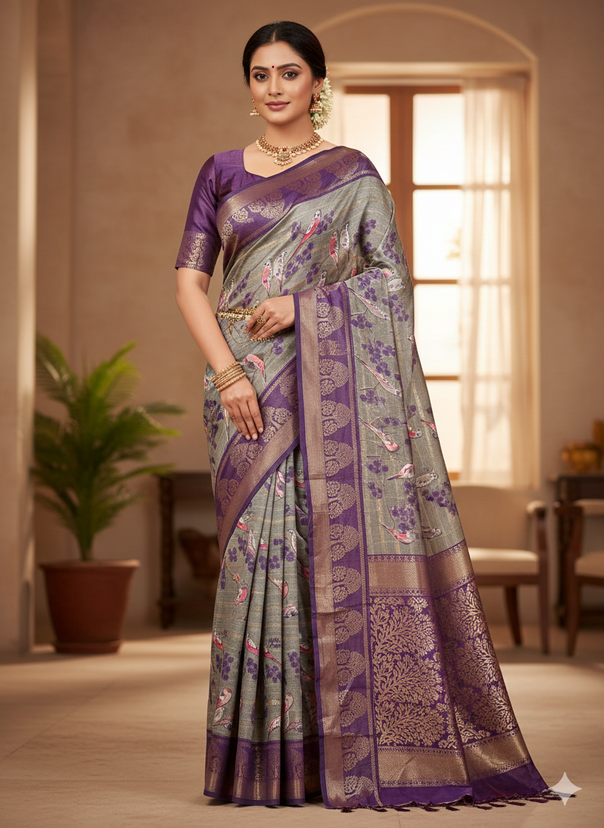 Grey–Purple Zari Woven Silk Blend Saree with Bird & Floral Motifs