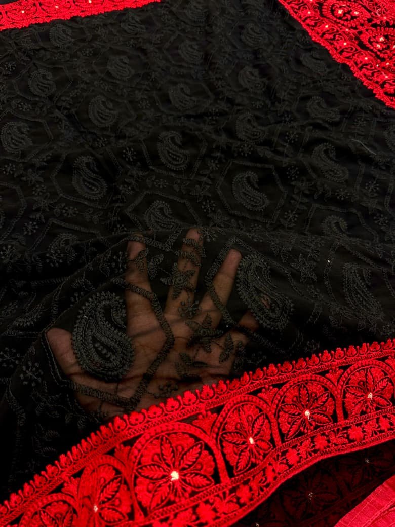 Exquisite Black & Red Handcrafted Pure Chiffon Lucknowi Chikankari Saree with Blouse Piece