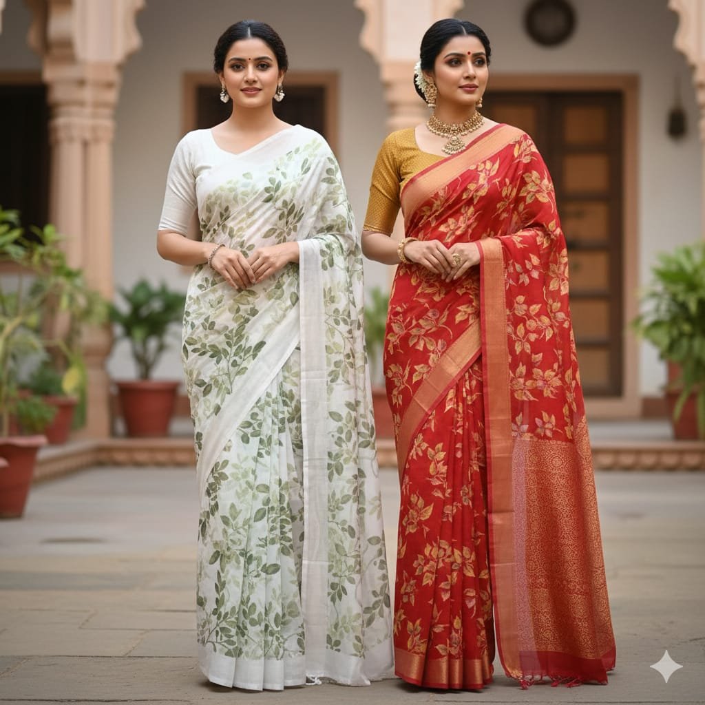 Elegant Leaf-Printed white and Red Sarees Combo (Pack of 2)