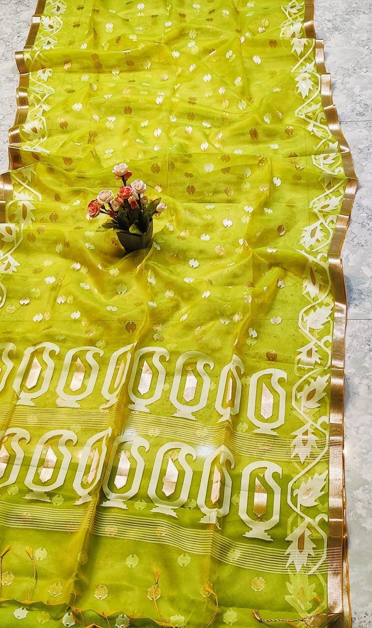 Exquisite Handcrafted Muslin Silk Jamdani Saree in Mustard Green with Jari Butti & Border Details