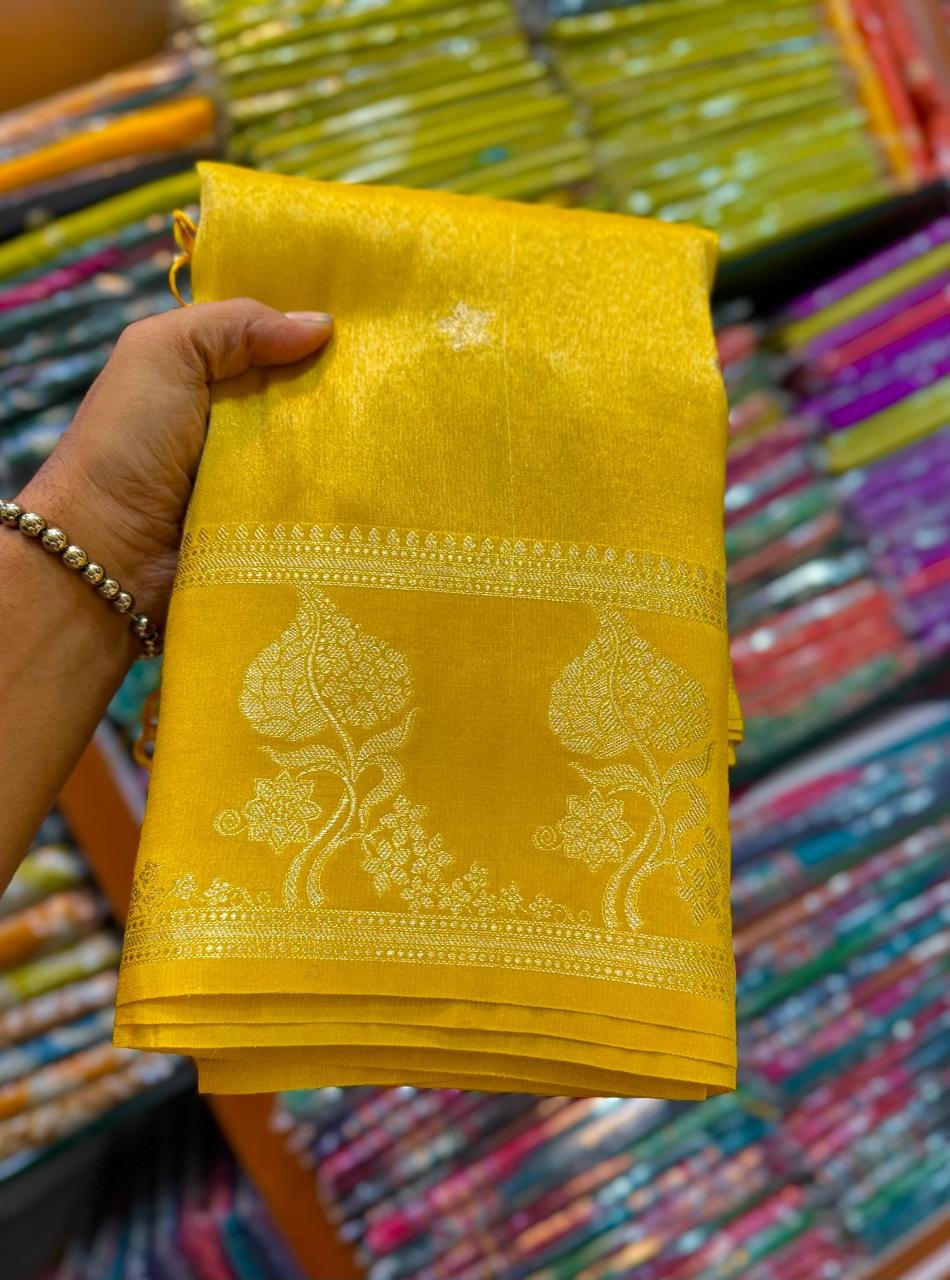 Exquisite Handcrafted Yellow Tissue Banarasi Saree with Gold Zari Work & Blouse Piece