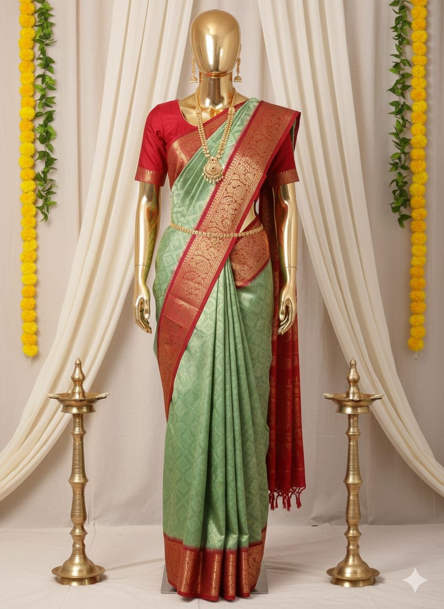 Mint Green & Maroon Kanjivaram Silk Saree