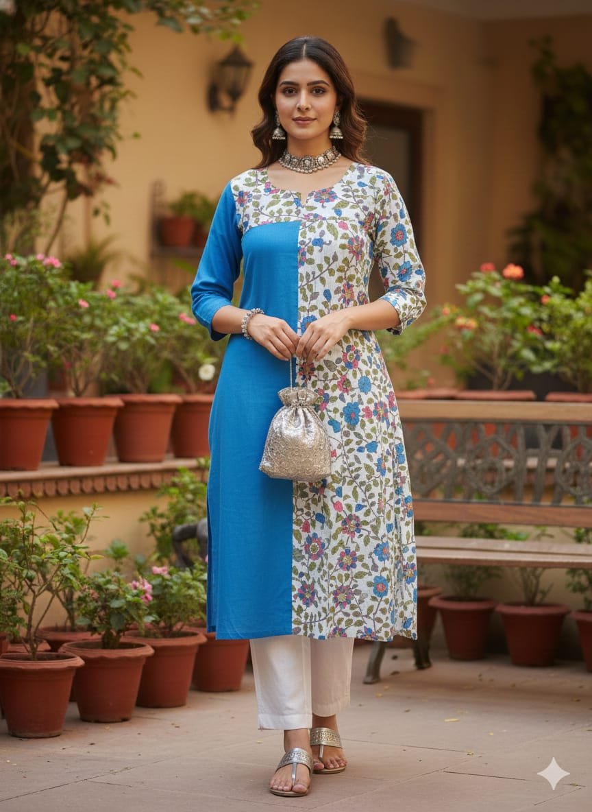 Blue & Floral Printed Straight Kurti