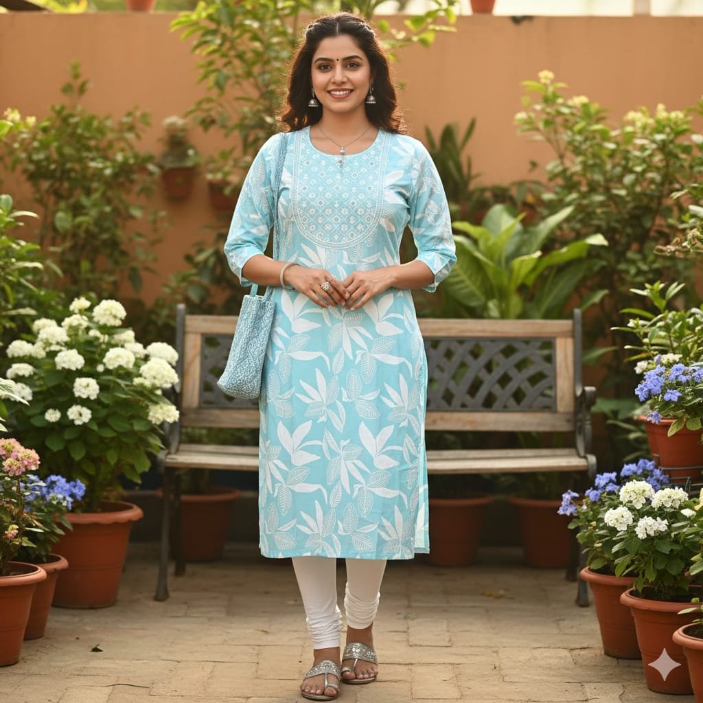 Aqua Blue Leaf Printed Cotton Kurti