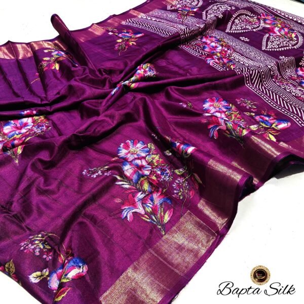 Deep Purple Handcrafted Bapta Silk Saree with Digital Floral Design