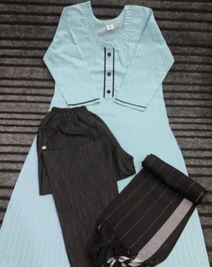 Women’s Sky Blue Striped Kurta with Black Bottom & Dupatta