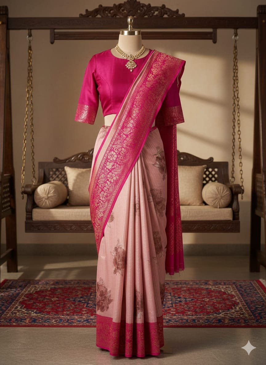 Pink Floral Banarasi Silk Saree