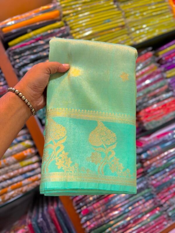 Elegant Aqua Green Handcrafted Tissue Banarasi Saree 