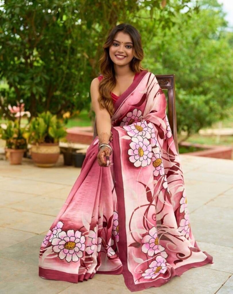Handblock Floral Design with Maroon Borders & Blouse - Blush Harmony Pink Semi Murshidabad Bapta Silk Saree