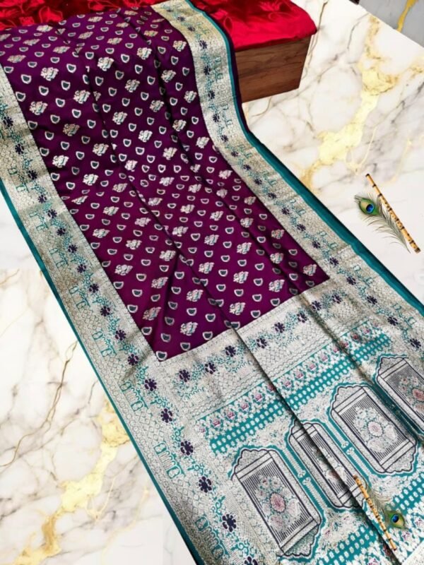 Royal Purple with Teal & Silver Zari Border – With Blouse Pie
