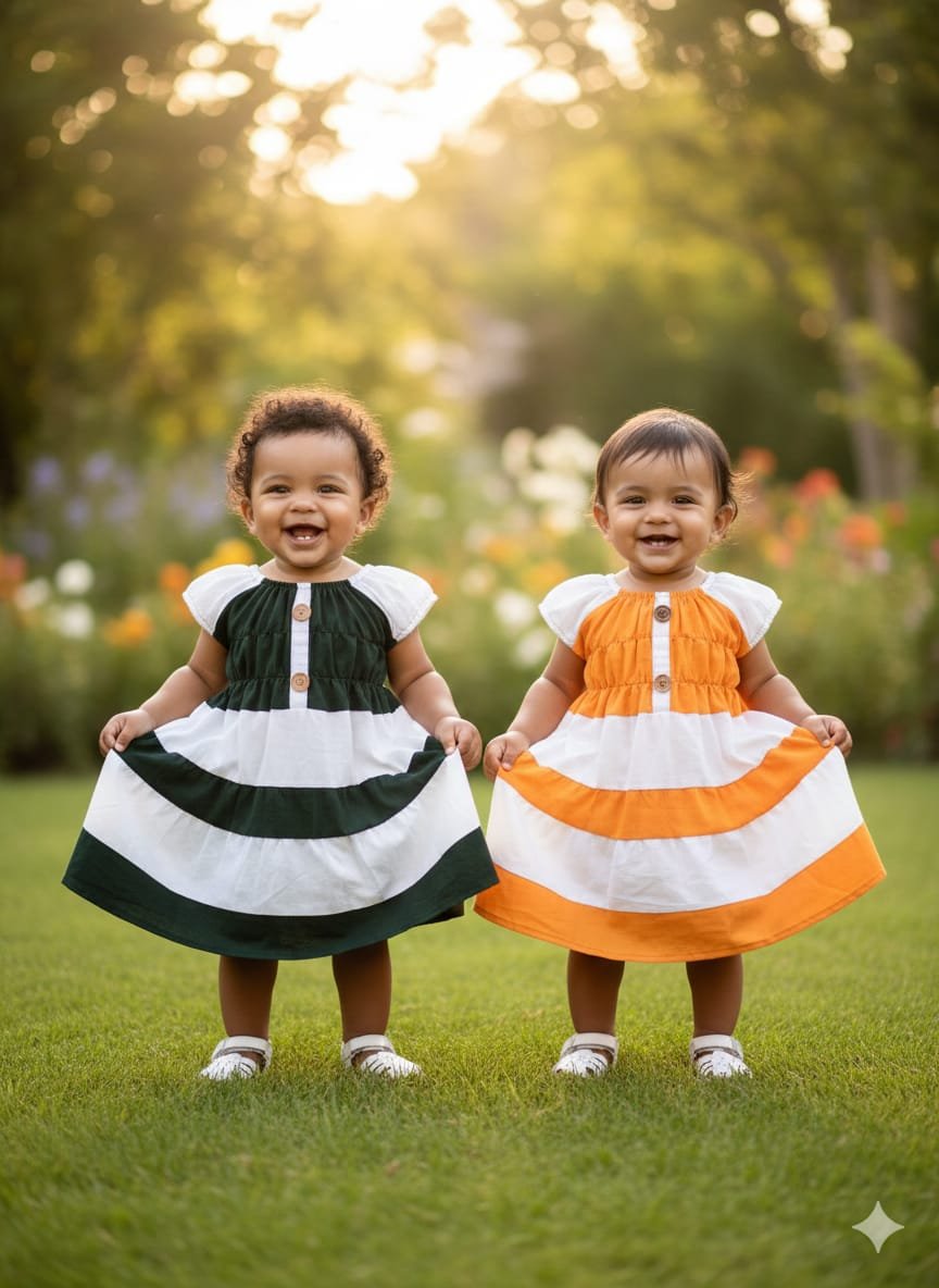 Baby Girls Striped Cotton Sundress combo(Dark Green and Orange)