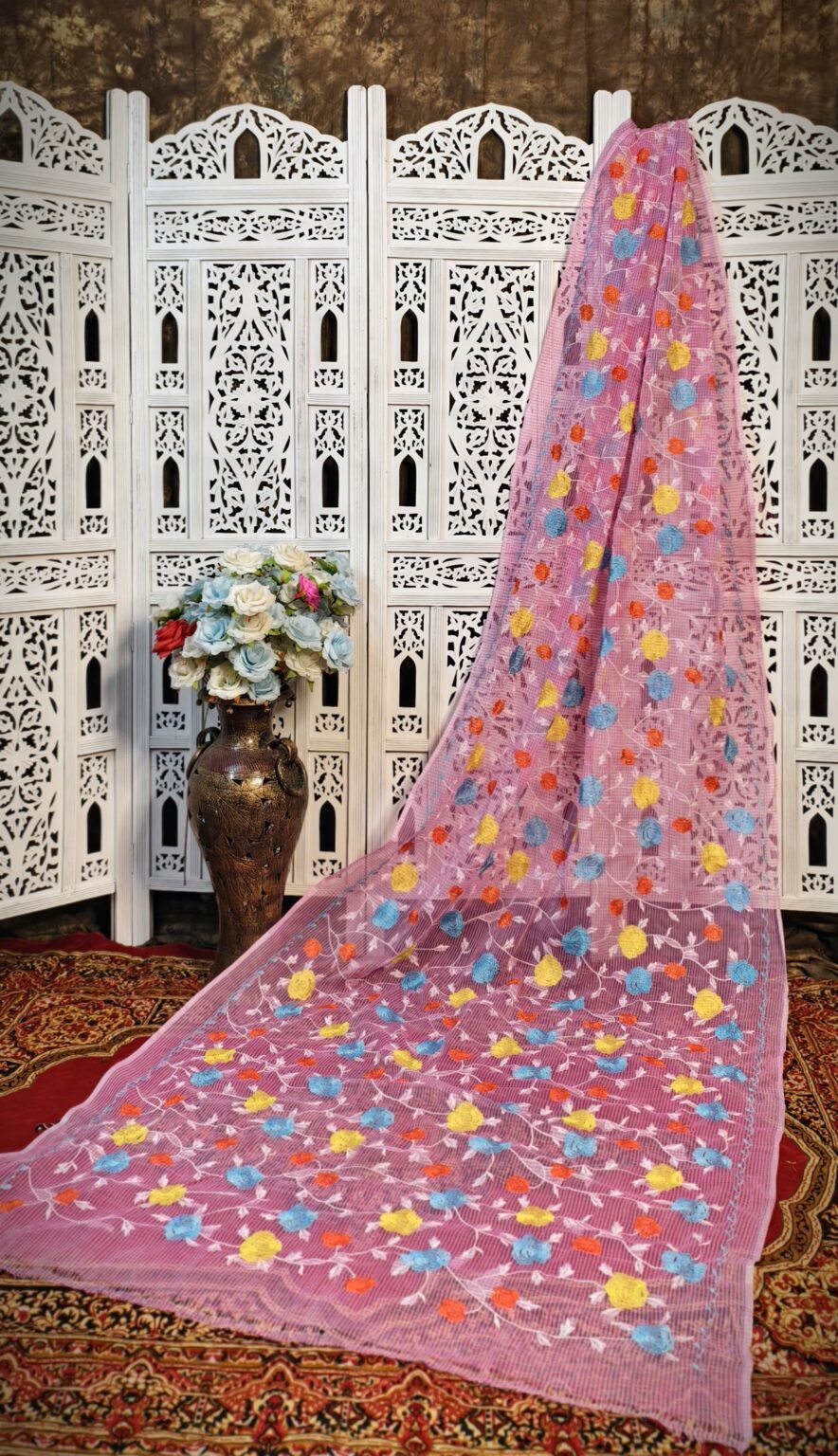 Vibrant Multicolor Threadwork (No Blouse Piece) - Blush Pink Resham Kota Hand-Embroidered Silk Saree 