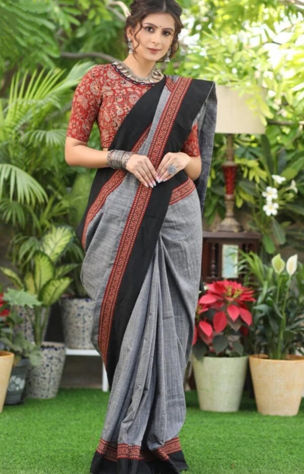 Elegant Grey Handcrafted Ajrakh Saree with Black Pallu