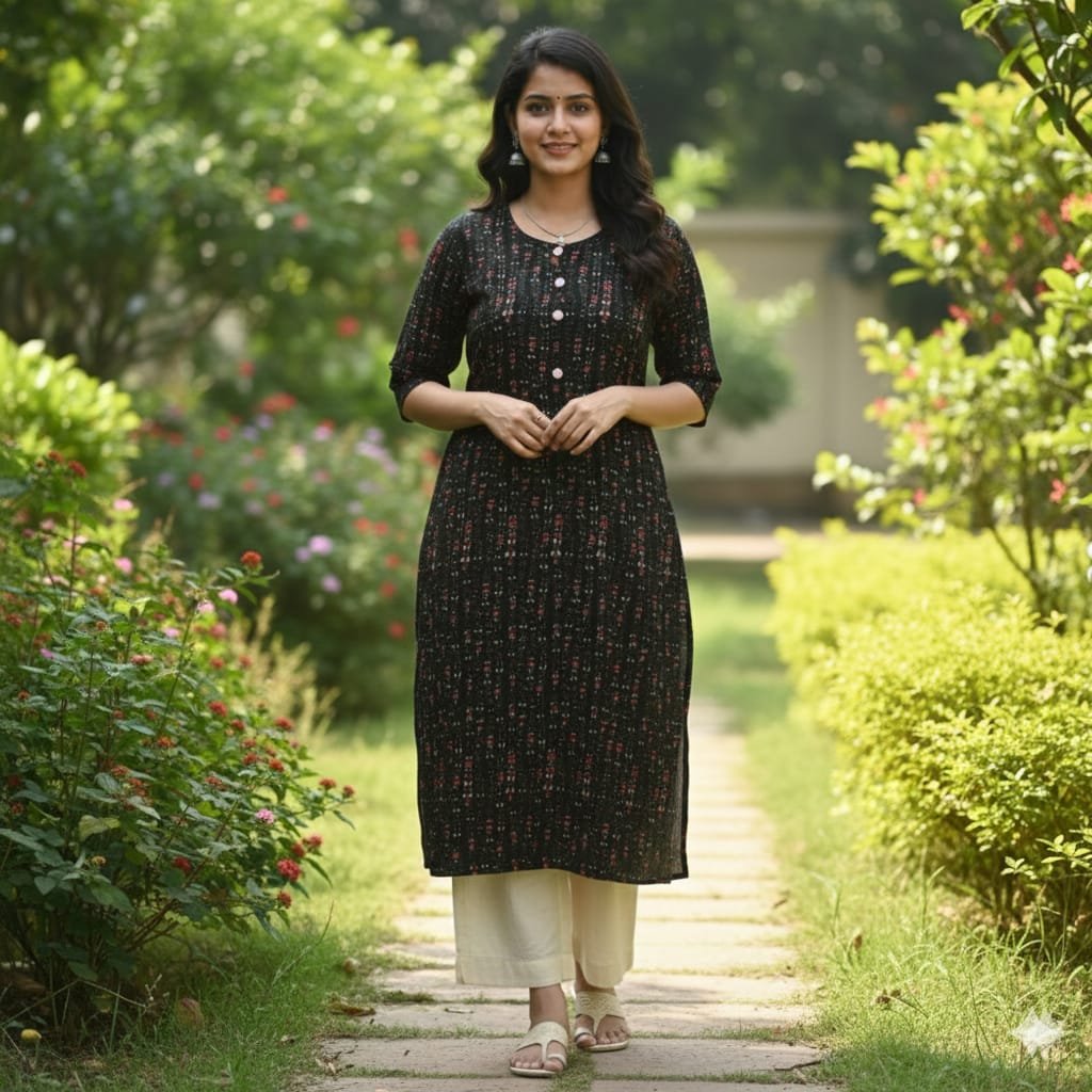 Green Printed Straight Kurti