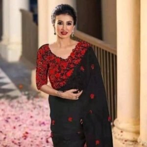 Organza Bridal Bollywood Saree with Red Hand Embroidery & Blouse Piece