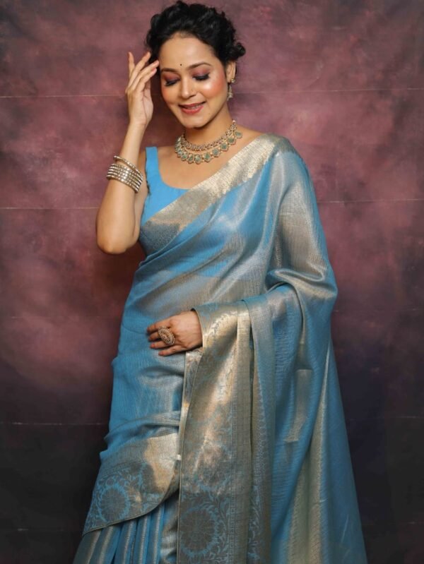 Light Blue Kota Tissue Banarasi Saree with Premium Zari Work & Blouse Piece