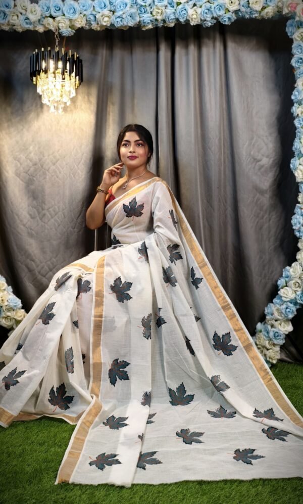 Kerala Cotton Hand-Painted White Saree with Charcoal Leaf Motifs & Gold Border – F