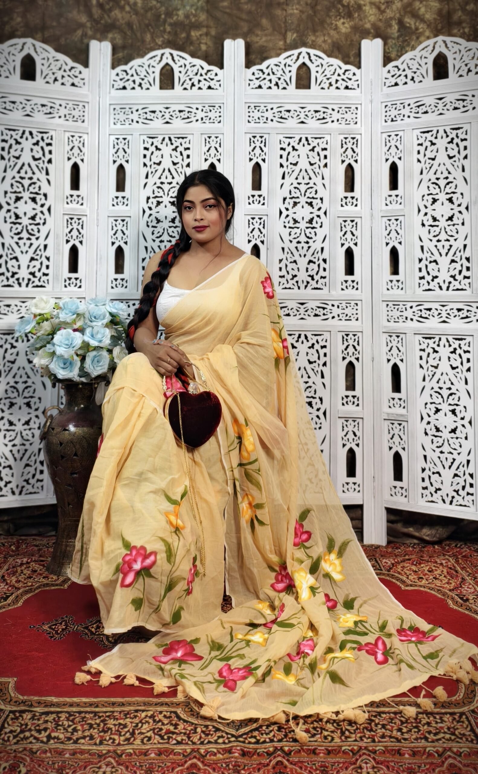 Hand-Painted Floral Mul Cotton Saree Pure & Breathable Fabric