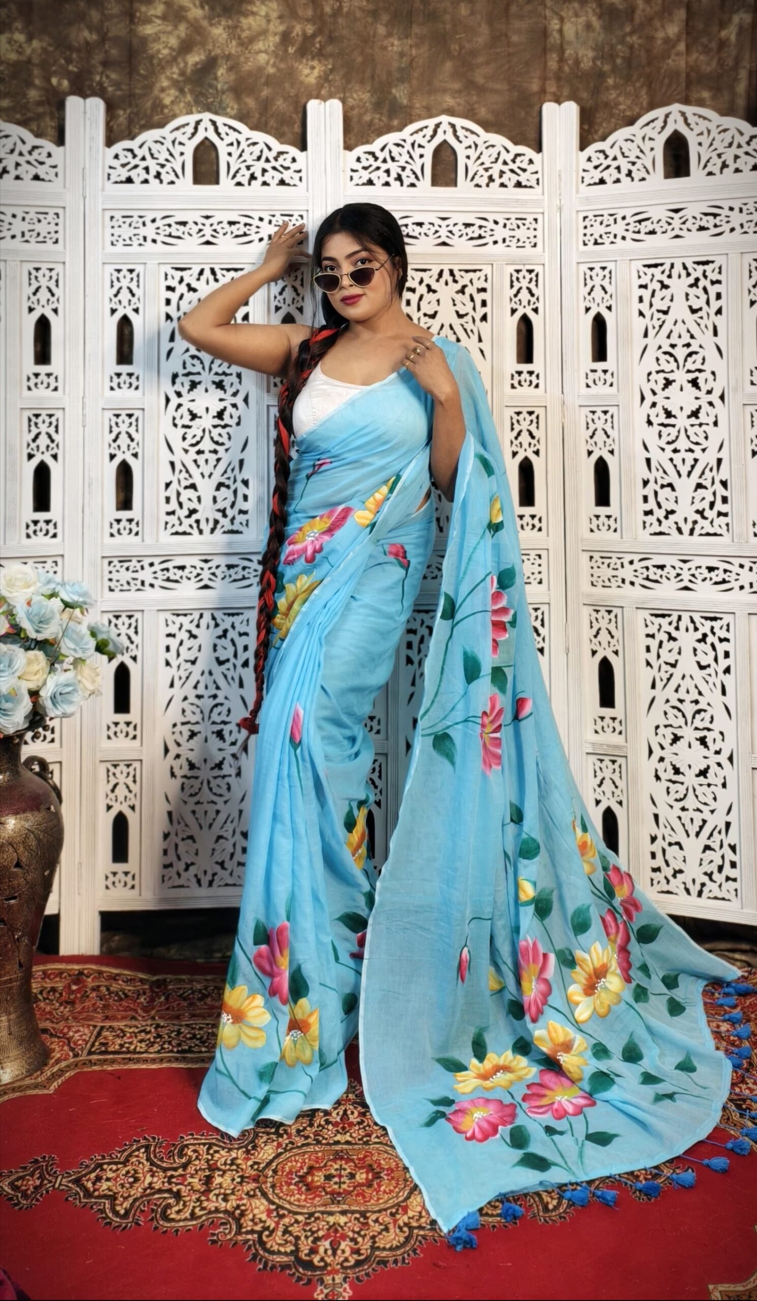 Hand-Painted Floral Mul Cotton Saree Pure & Breathable Fabric