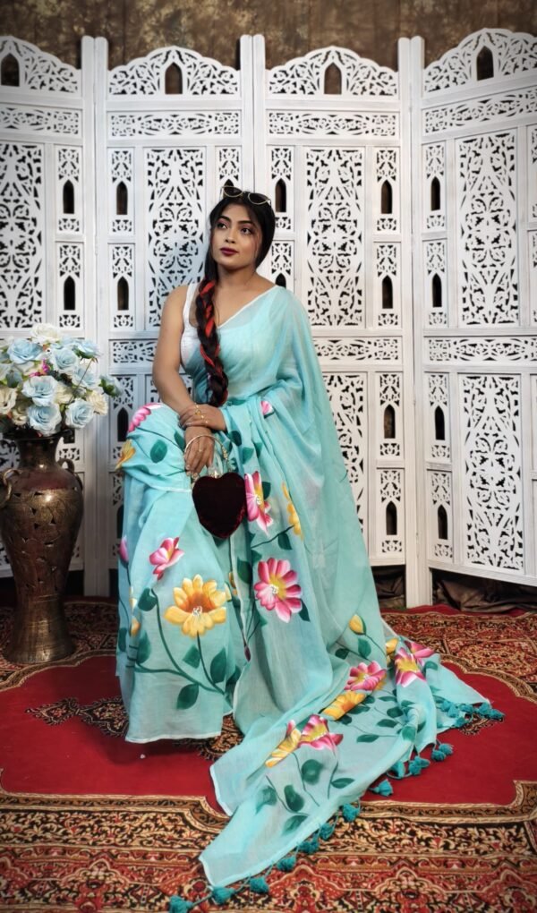 Hand-Painted Floral Mul Cotton Saree Pure & Breathable Fabric