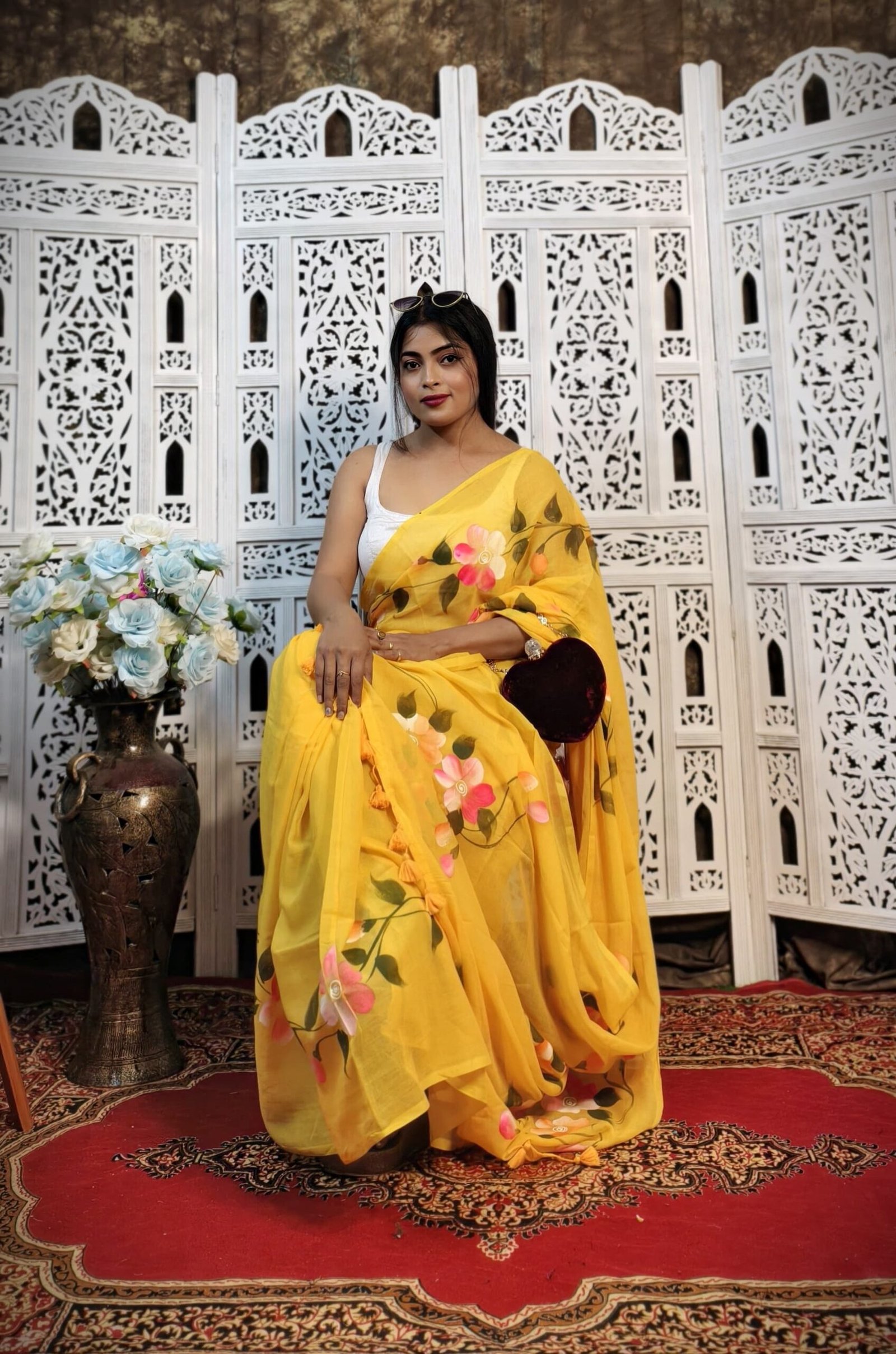 Hand-Painted Floral Mul Cotton Saree Pure & Breathable Fabric