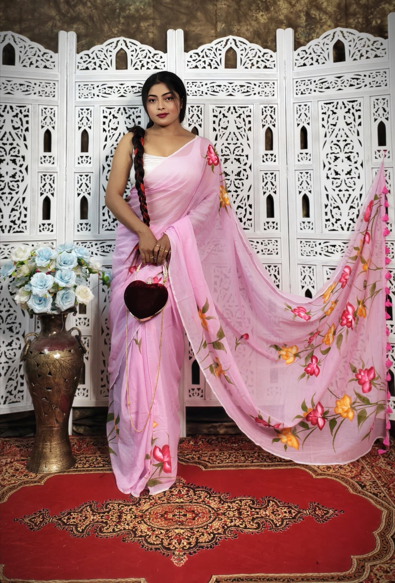 Hand-Painted Floral Mul Cotton Saree Pure & Breathable Fabric
