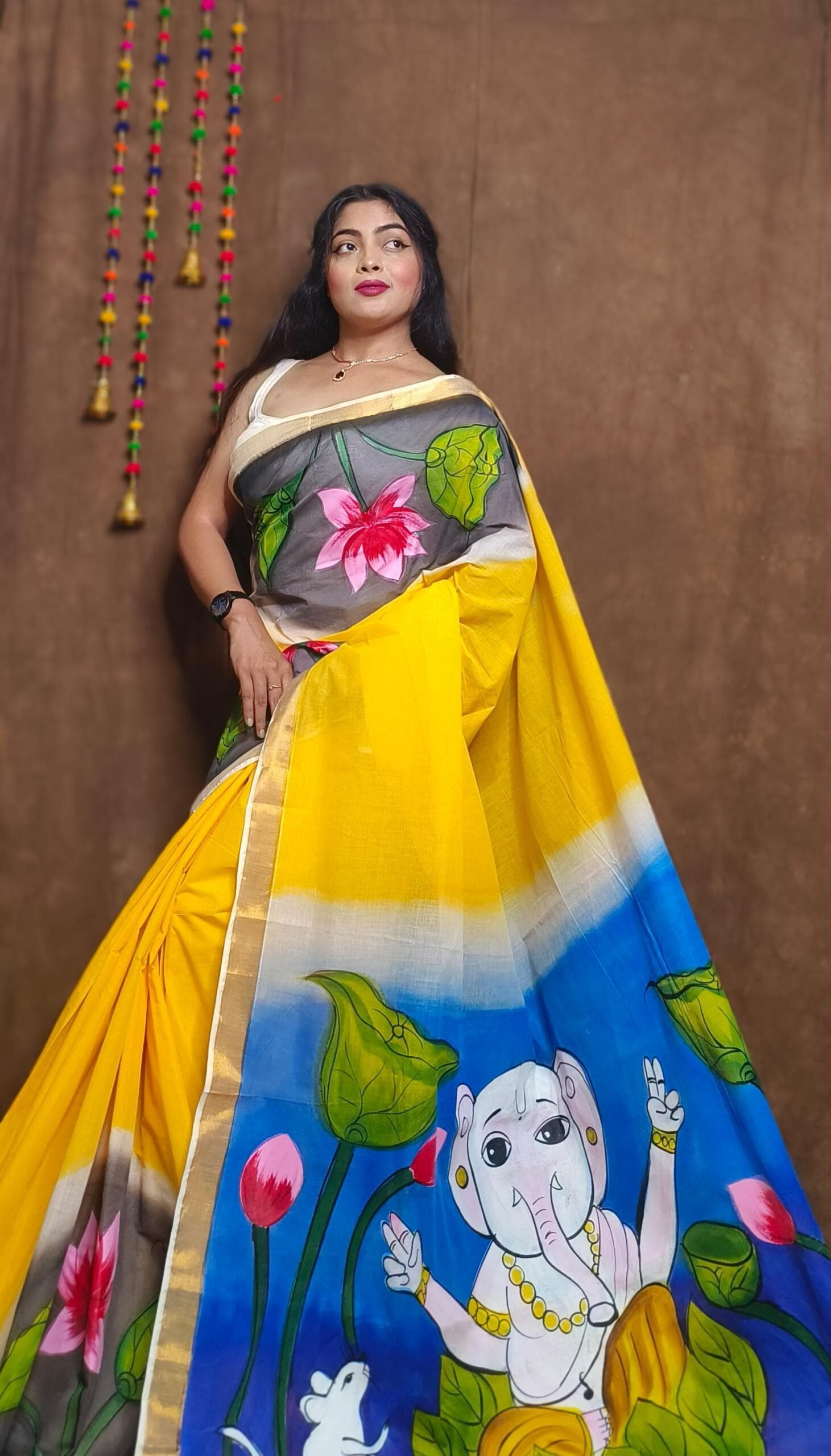 Hand-Painted Kerala Cotton Saree – Free Size with Blouse Piece