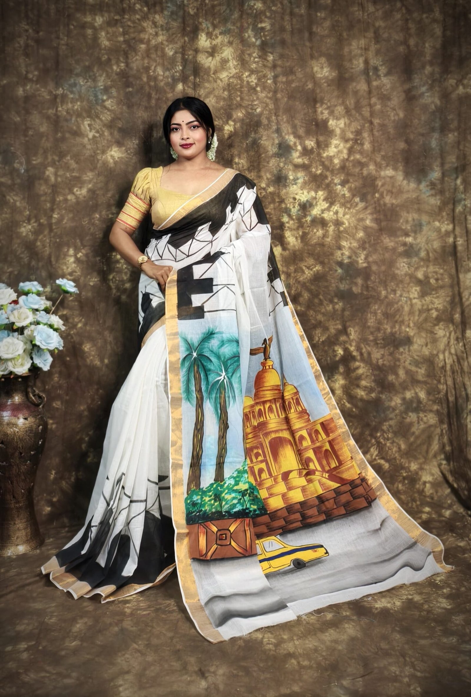 Hand-Painted Kerala Cotton Saree – Free Size with Blouse Piece
