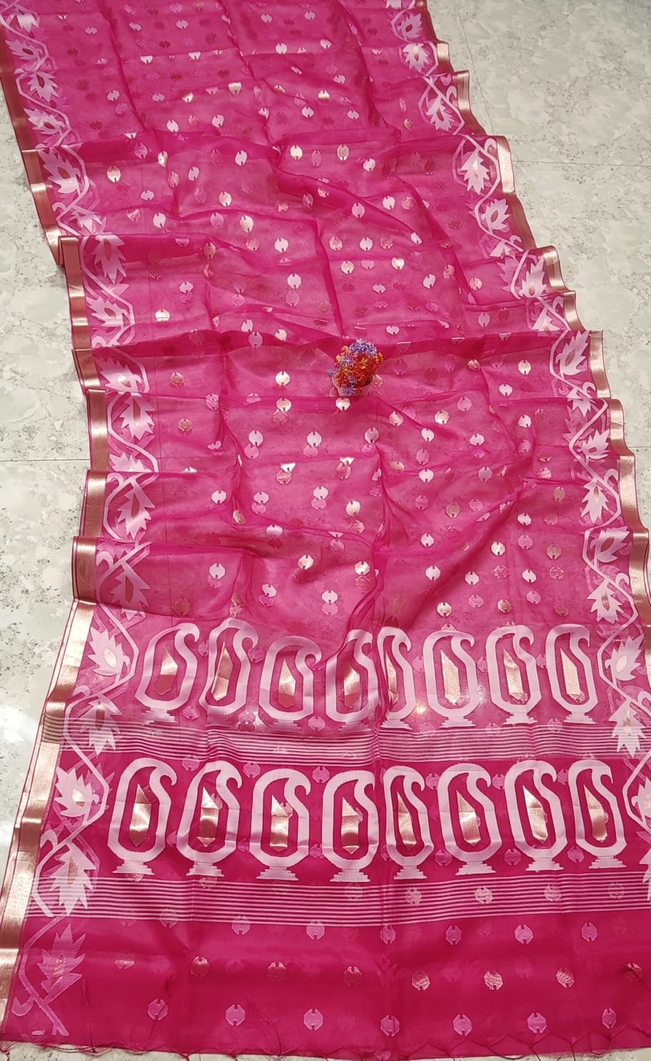 Handcrafted Muslin Silk Jamdani with Jari Butti Design & Matching Blouse Piece