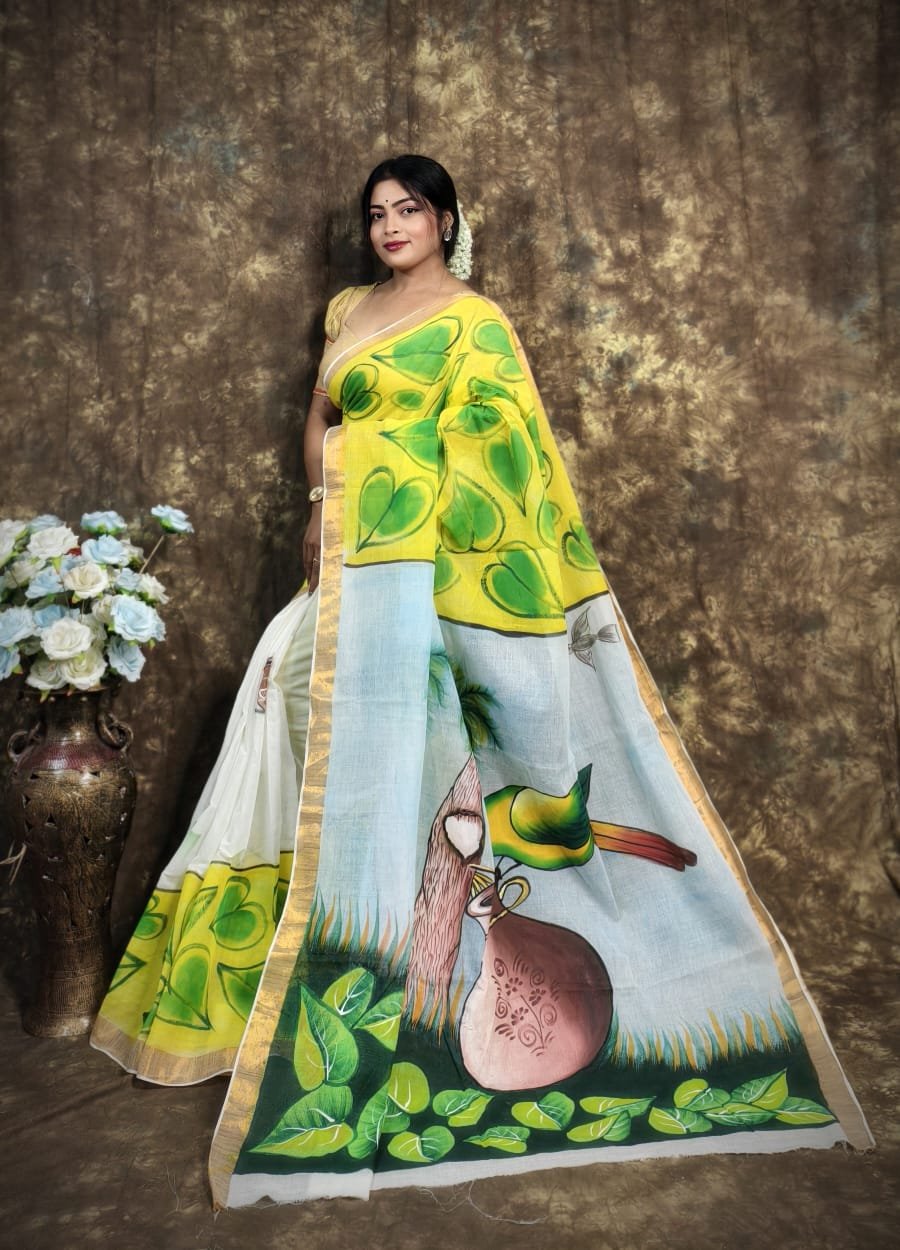 Hand-Painted Off-White Saree with Lime Green Leaf Motifs & Scenic Pallu – Free Size with Blouse Piece
