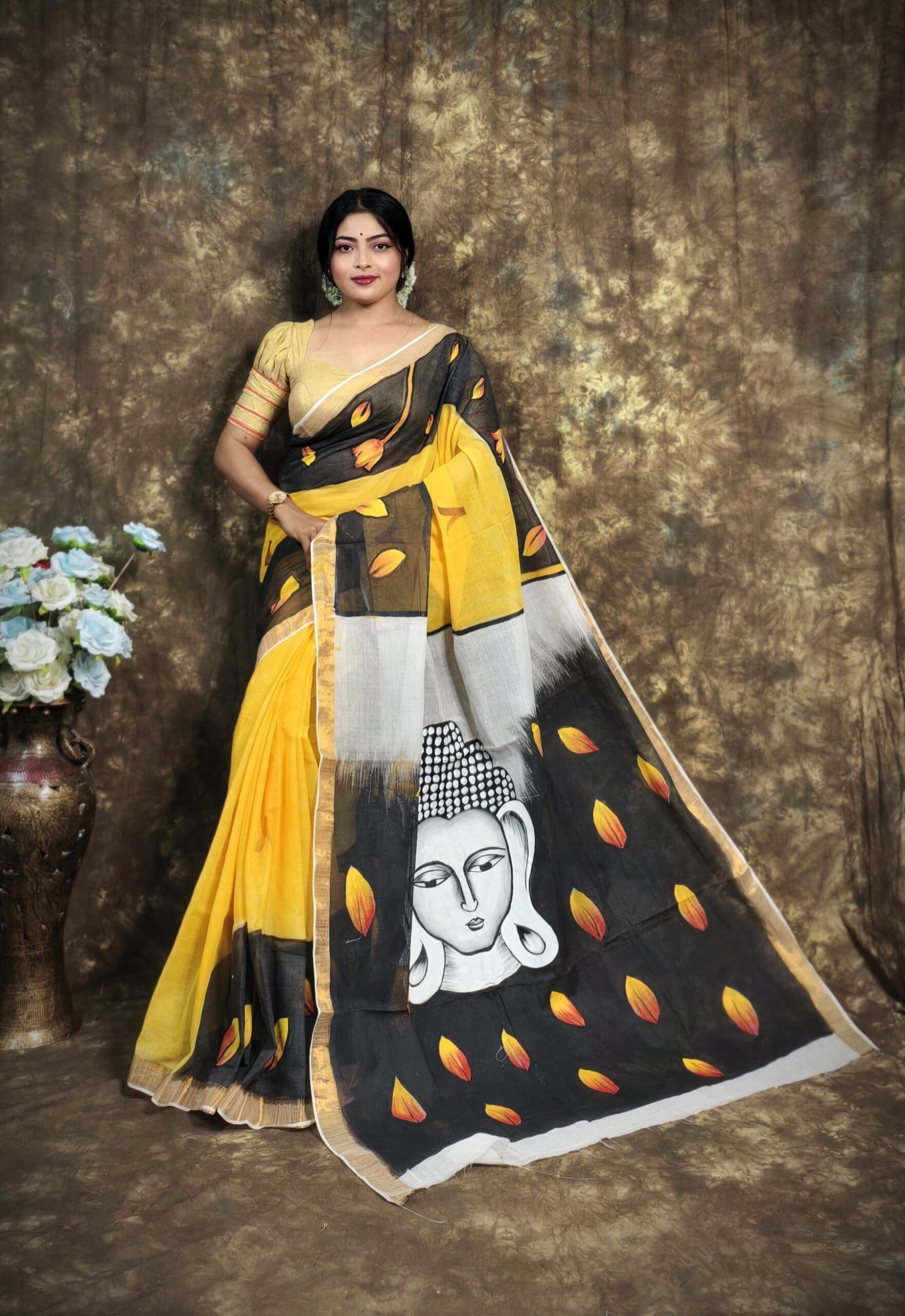 Hand-Painted Saree with Lord Buddha Motif – Yellow, Black & White Color Block Design with Gold Border | Free Size with Blouse Piece