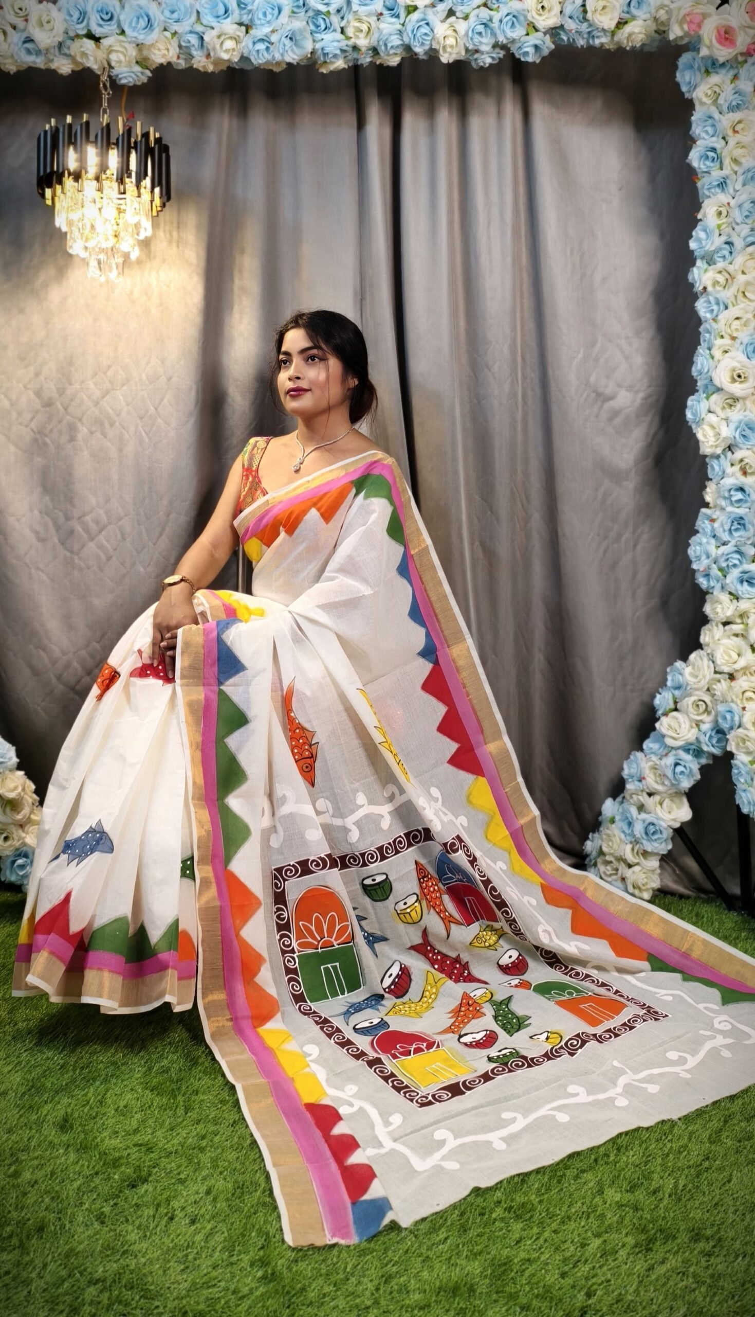 Hand-Painted White Saree with Multicolor Artistic Border & Fish Motifs – Free Size with Blouse Piece