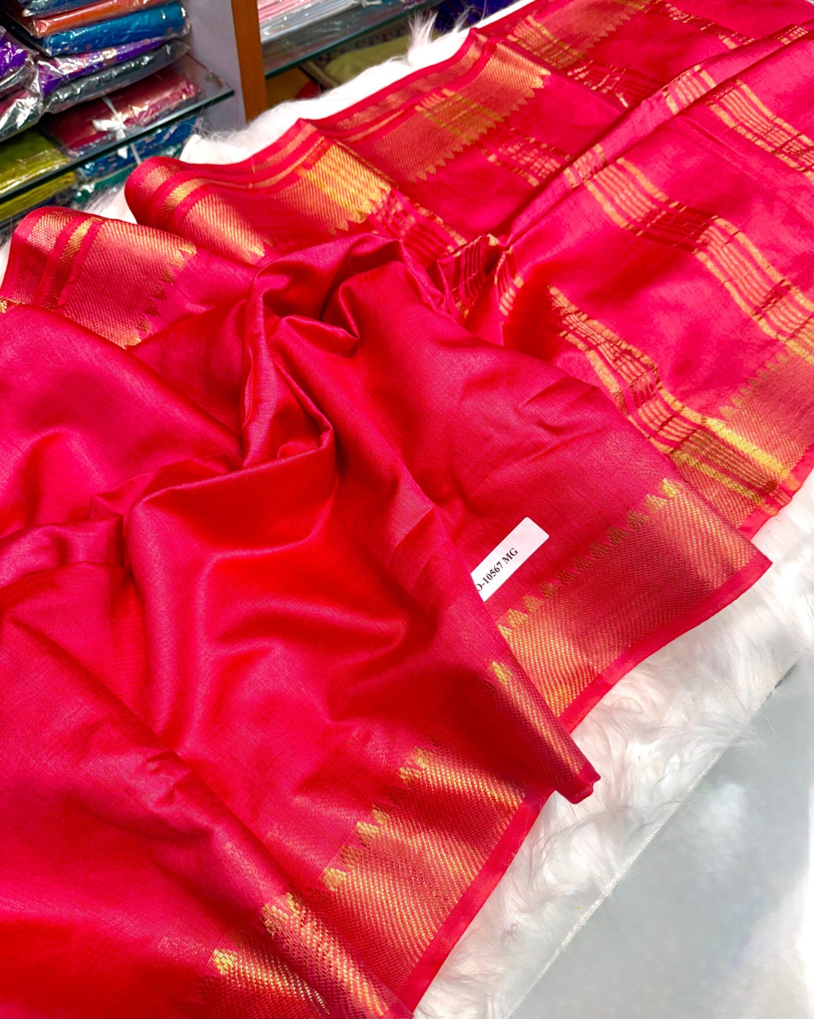 Elegant Handcrafted Bapta Tussar Mangalgiri Silk Saree with Gold Zari Border & Matching Blouse Piece