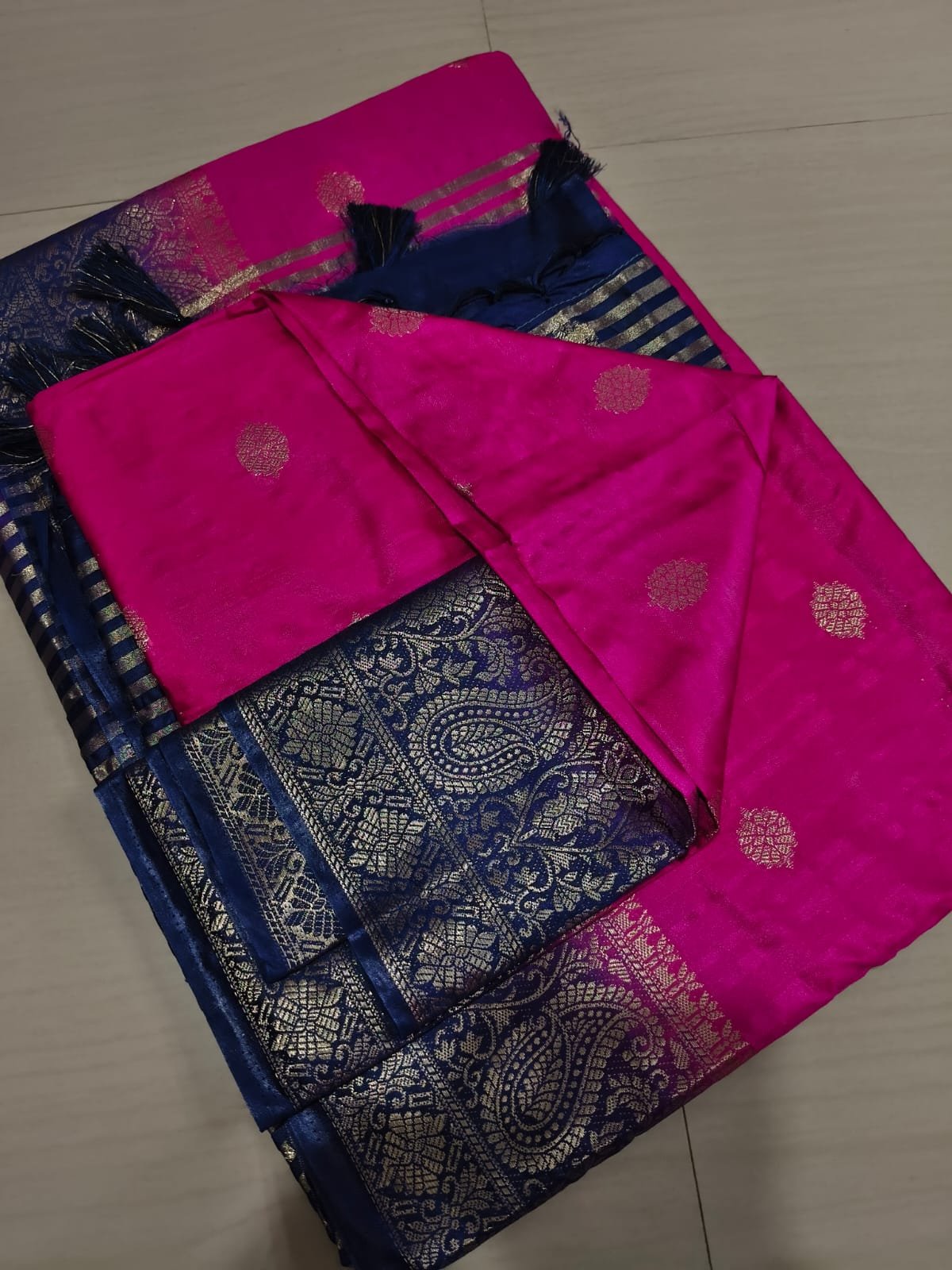 Handwoven Pure Matka Tussar Silk Saree With Zari Border & Striped Pallu (With Blouse Piece)