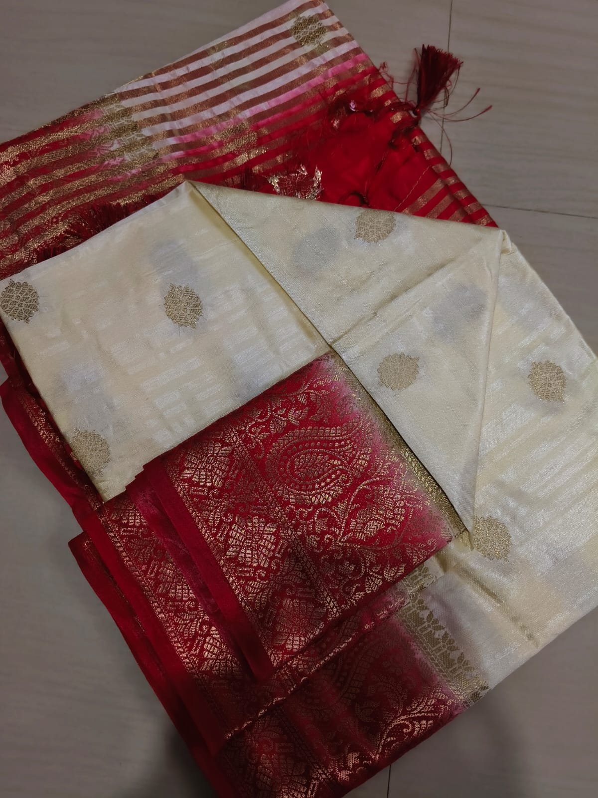 Handwoven Pure Matka Tussar Silk Saree With Zari Border & Striped Pallu (With Blouse Piece)