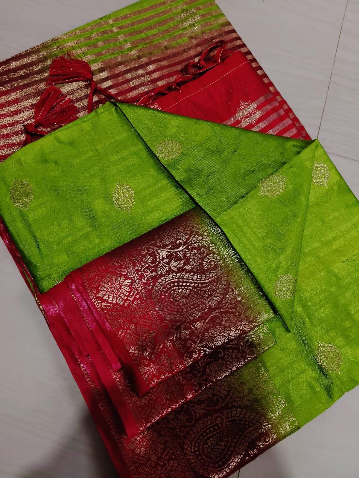 Handwoven Pure Matka Tussar Silk Saree With Zari Border & Striped Pallu (With Blouse Piece)
