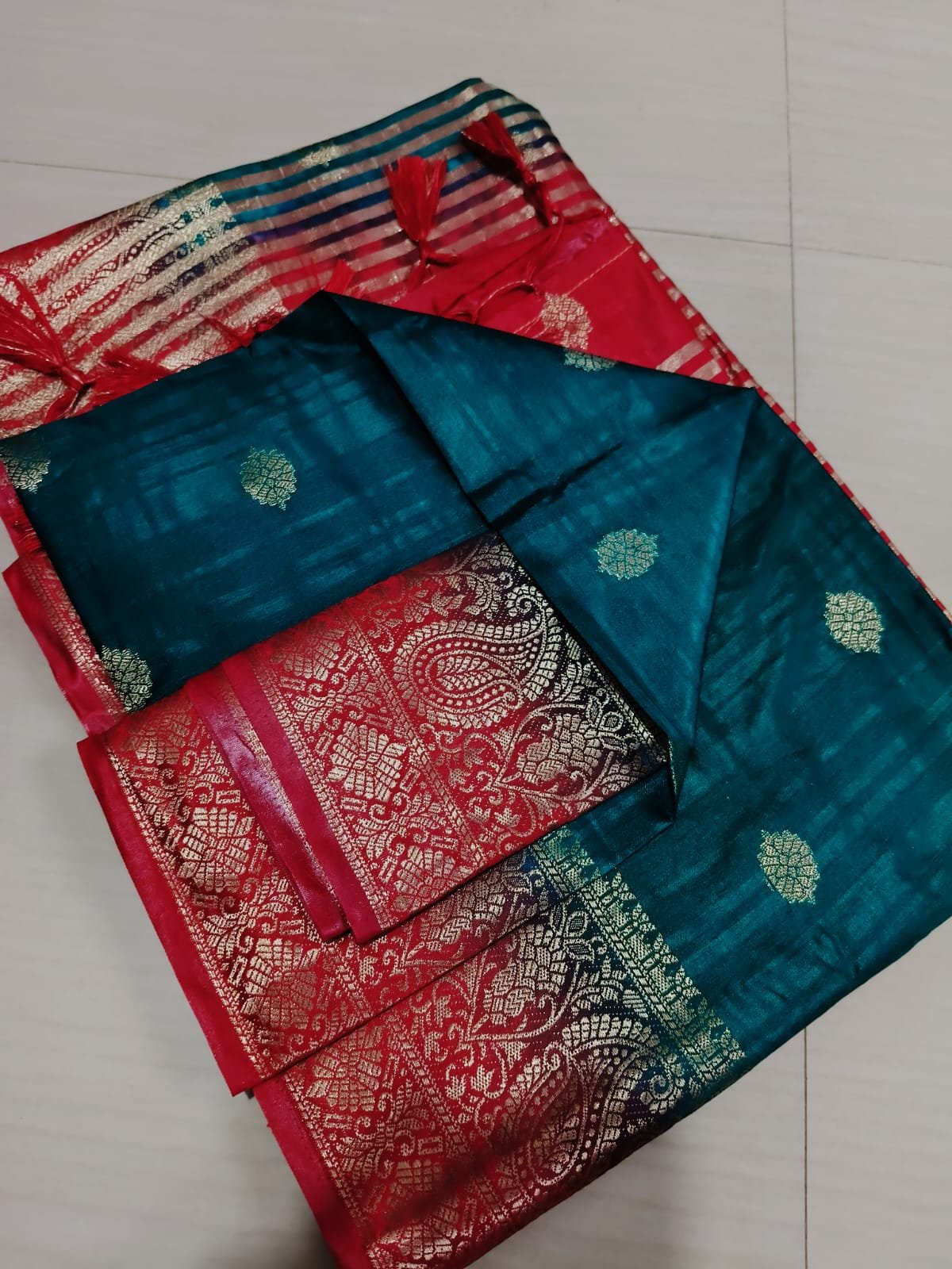 Handwoven Pure Matka Tussar Silk Saree With Zari Border & Striped Pallu (With Blouse Piece)