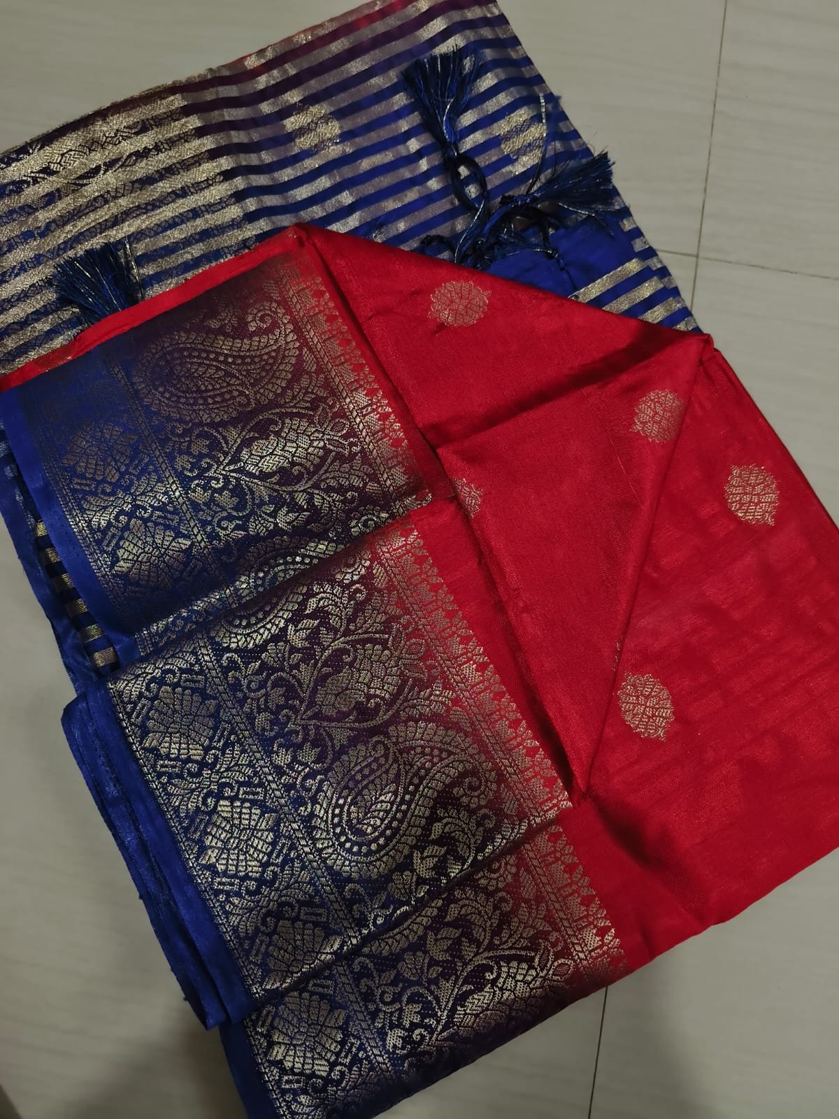 Handwoven Pure Matka Tussar Silk Saree With Zari Border & Striped Pallu (With Blouse Piece)