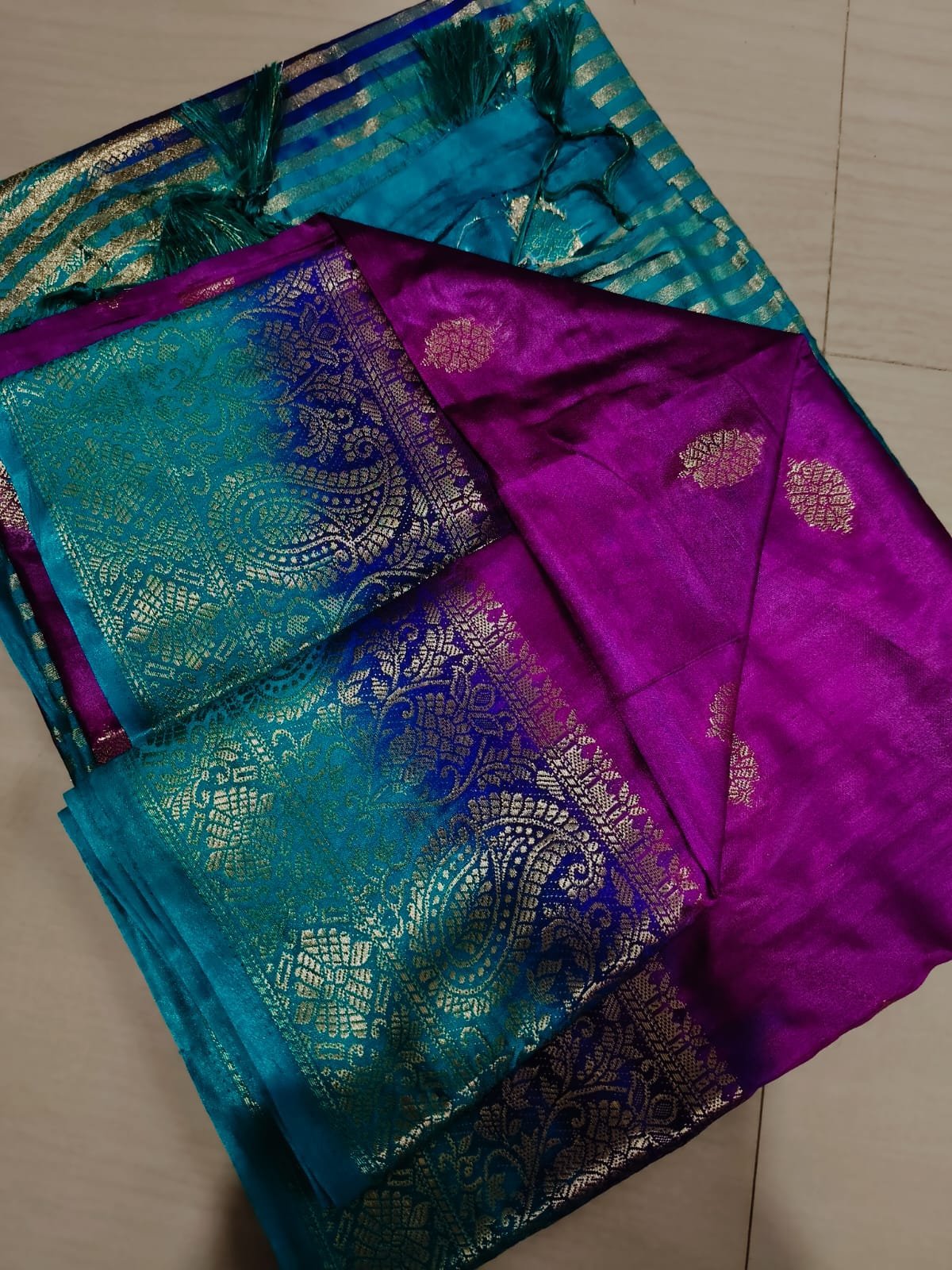 Handwoven Pure Matka Tussar Silk Saree With Zari Border & Striped Pallu (With Blouse Piece)