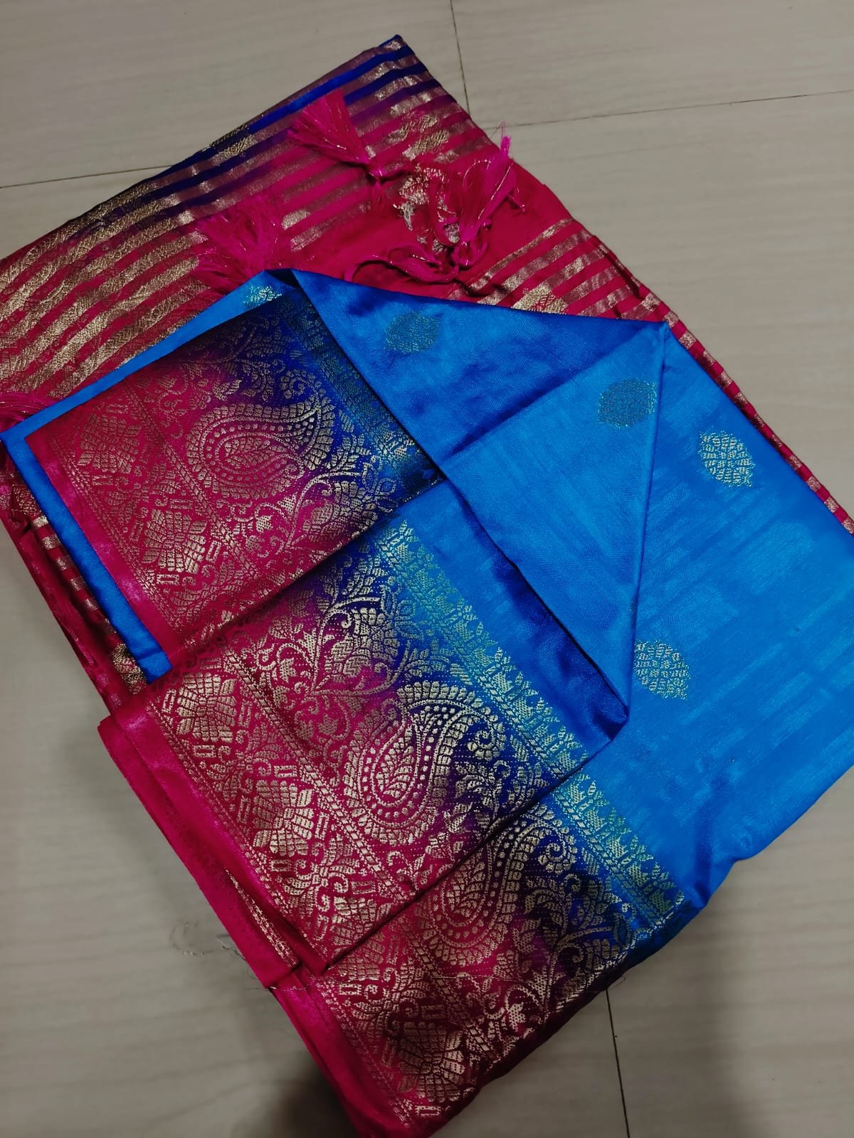 Handwoven Pure Matka Tussar Silk Saree With Zari Border & Striped Pallu (With Blouse Piece)