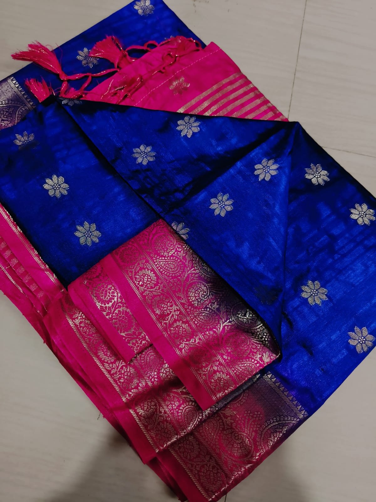 Handwoven Pure Matka Tussar Silk Saree With Zari Border & Striped Pallu (With Blouse Piece)