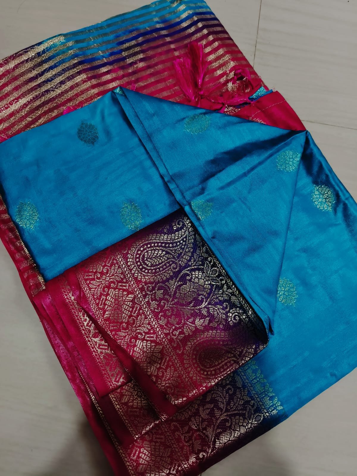Handwoven Pure Matka Tussar Silk Saree With Zari Border & Striped Pallu (With Blouse Piece)