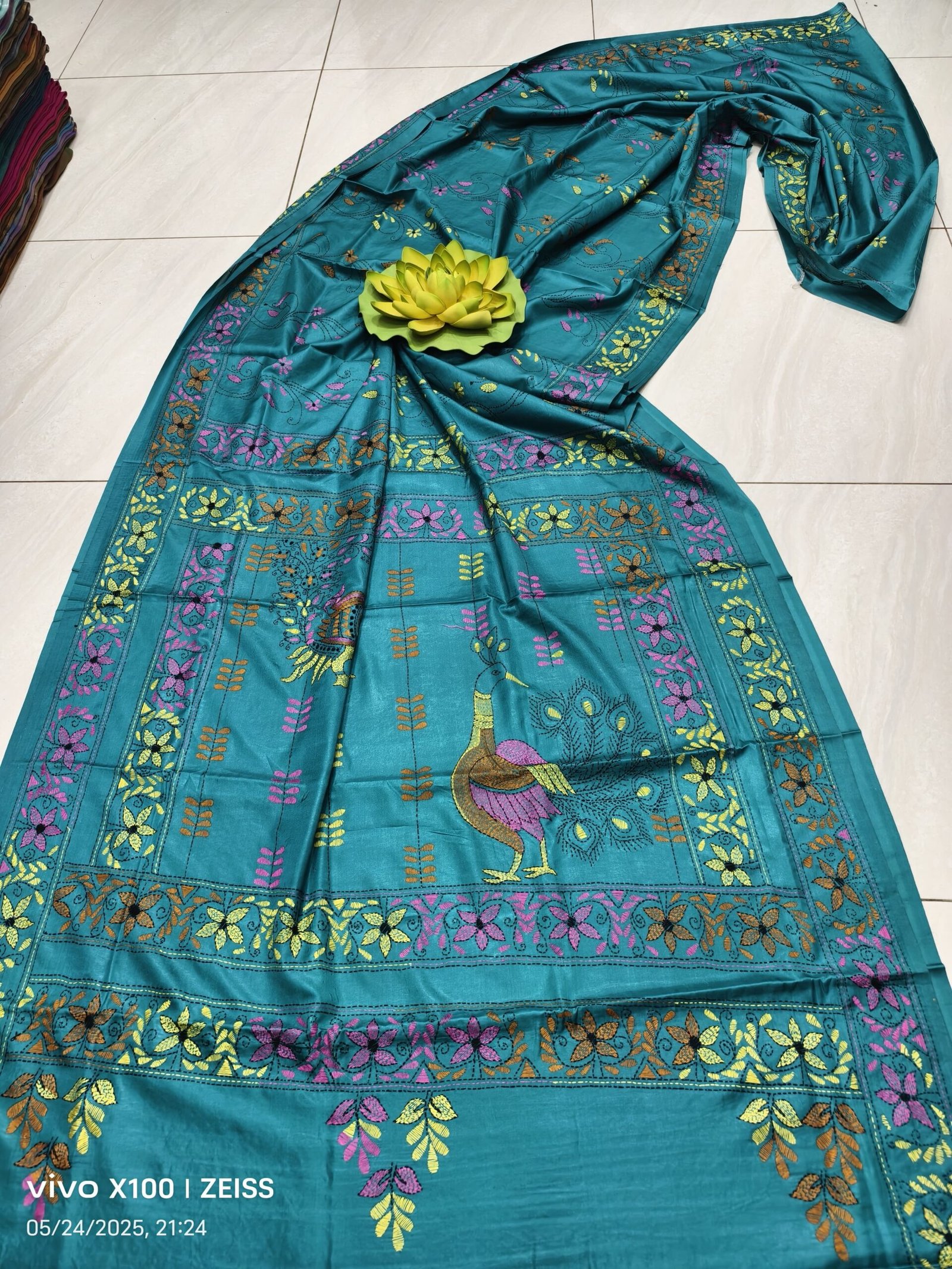 Assam Silk Saree with Vibrant Multicolor Kantha Hand Embroidery